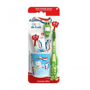 AQUAFRESH Kit de Brossage Dent de Lait 3-5 Ans Crocodile Vert