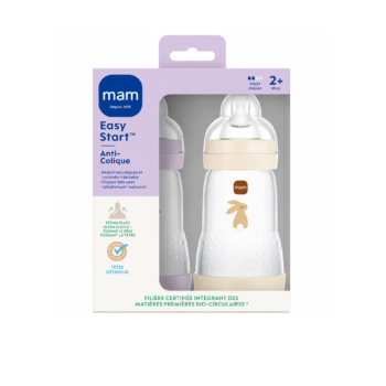 MAM Biberons Easy Start Anti-colique Débit Moyen Dès 2 Mois 2x260ml Lilas + Beige