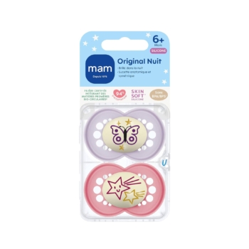 MAM Original Nuit Lot de 2 Sucettes Anatomique & Symétriques Motif Papillon Étoiles Dès 6 Mois