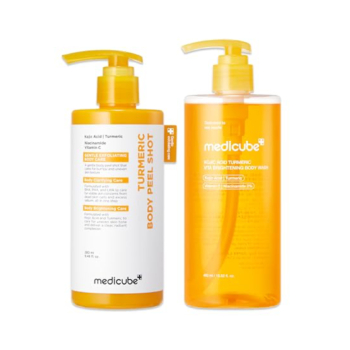 MEDICUBE Kojic Acid Turmeric Duo Soin Peeling Exfoliant + Gel Douche Éclaircissant au Curcuma & Acide Kojique Pour le Corps